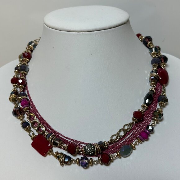 Premier Designs Multi-Strand Beaded Necklace Burgundy Purple Gold Tone Beads - Picture 5 of 6